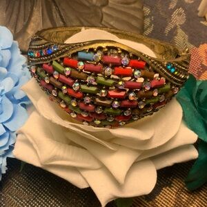 ♥️Vintage Multicolor Bead and crystal clamper Bracelet. Distressed gold color.
